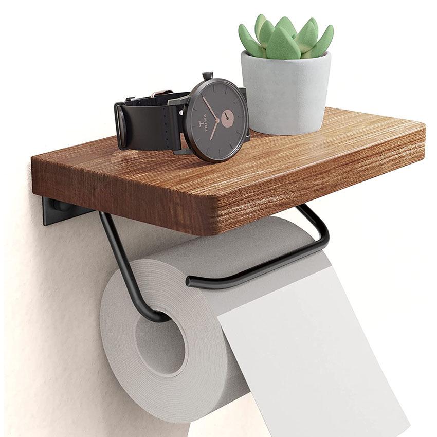 Black Walnut Wood Toilet Paper Holder with Storage Rack - Wall-Mounted Tissue Dispenser for Bathroom and Hotel Use