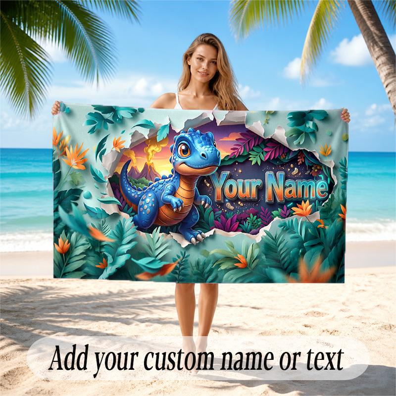 Dinosaur Theme Quick Dry Beach Towel Custom Name Text Print Large Sand Resistant Towel Beach Vacation