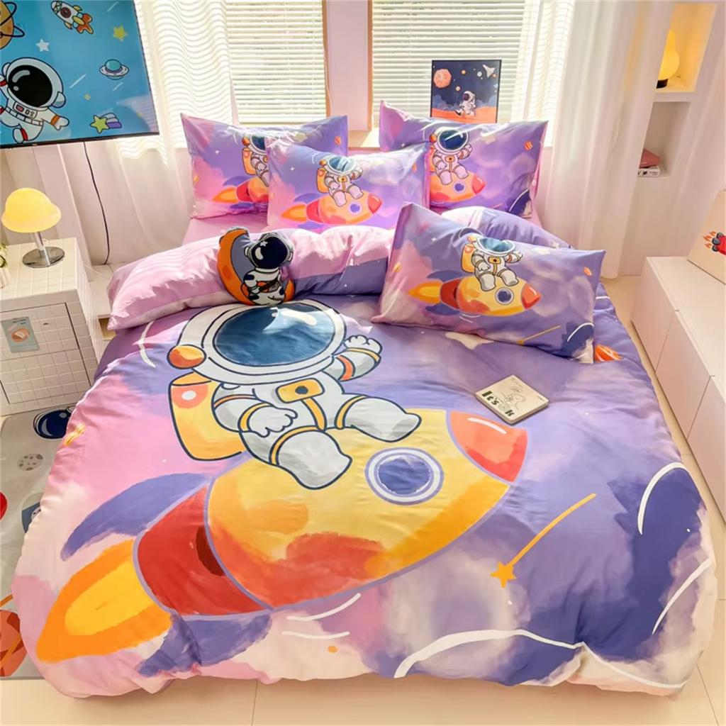Cartoon Astronaut Duvet Cover Set 2Pcs, Queen Size Space Planet Printed Bedding Comforter Covers Set With Pillowcase 75*50Cm