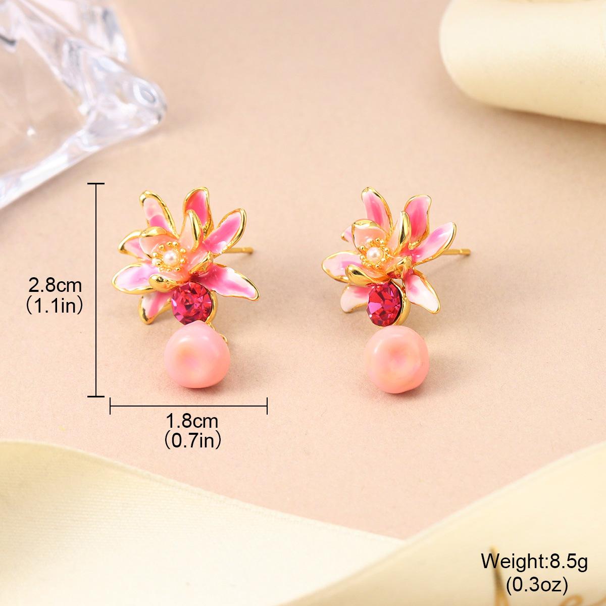 

Vintage enamel pearl flower earrings high-end niche spring earrings temperament rose versatile personalized stud earrings
