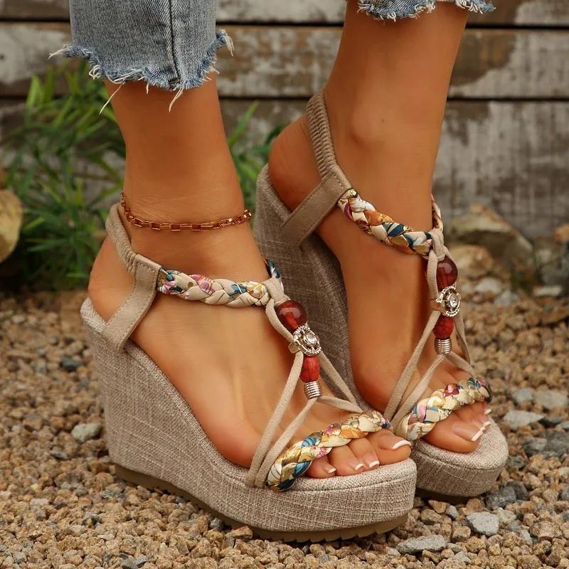 Fashion Women's Shoes 2025 Elastic Band Women's Sandals Fashion Casual Sandals Women String Bead Plus Size Super High Wedge Shoes Female