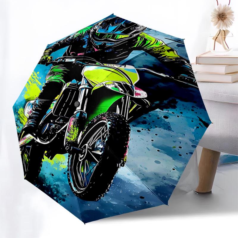 Motocross Rider Splash Art Print Umbrella - Automatic Opening & Closing, Portable Folding Design, 8-Rib Iron Frame, Outdoor Rain Gear, Ideal
