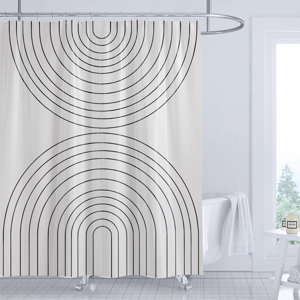 

Bathroom Abstract Lines Bohemian Shower Curtain Medieval Minimalist Art Polyester Fabric Shower Curtain 180X180Cm With 12 Hooks W60H190(CM)-1 Pcs