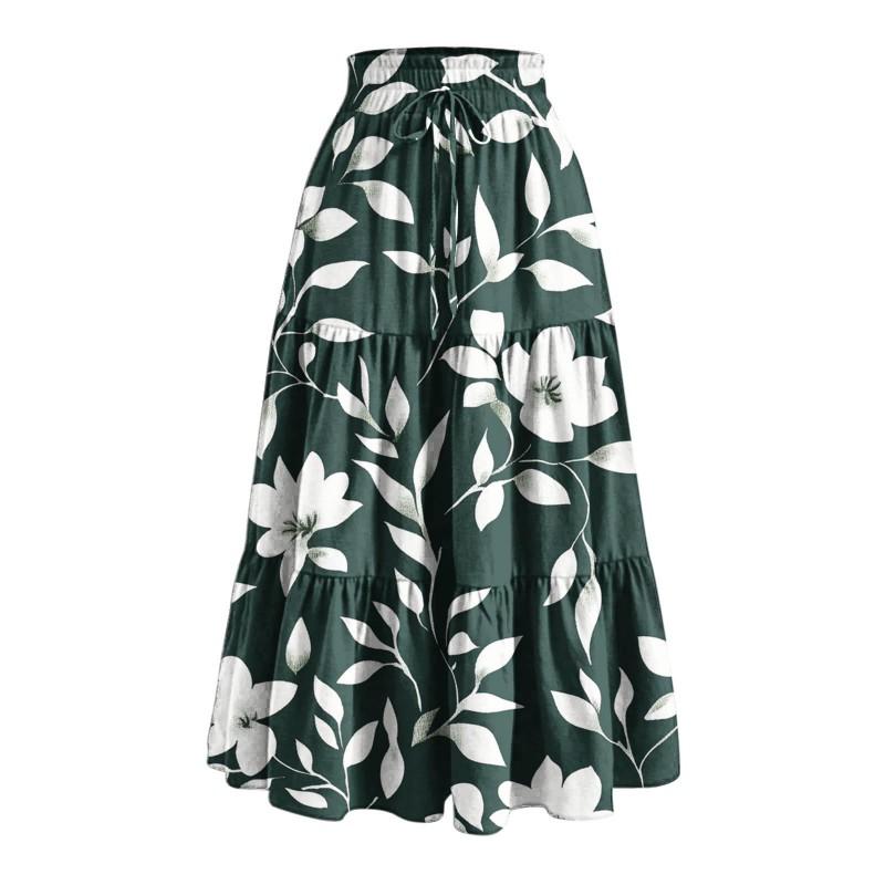 Printed Pocket Spliced Elastic Waist Midi Skirt Women Elegant Commuter Style