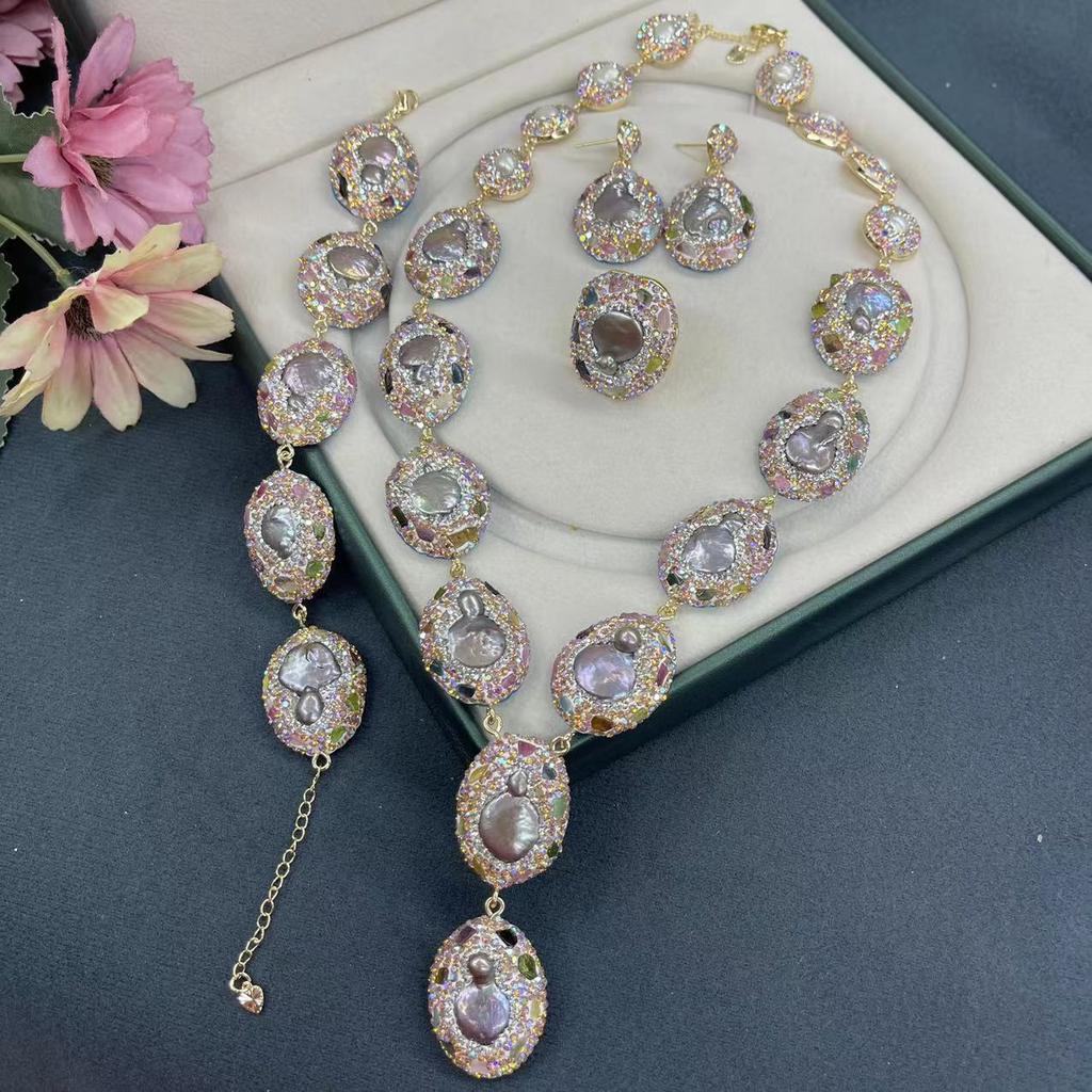 New European and American natural crystal inlaid ring earrings bracelet necklace fashionable and popular jewelry sets for women