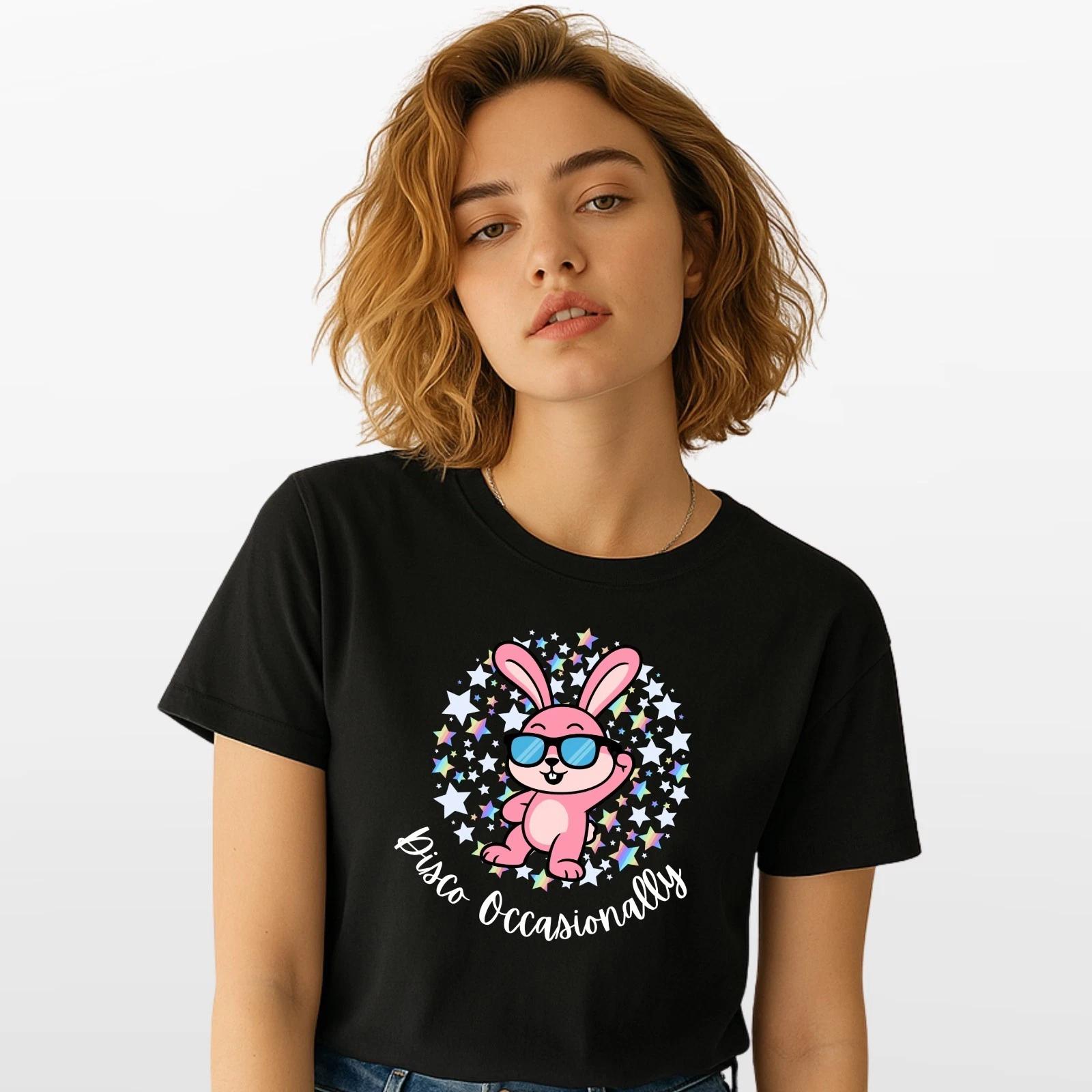 

Disco Occasionally Cool Bunny T-Shirt Black Holographic Stars Easter Top XXXL