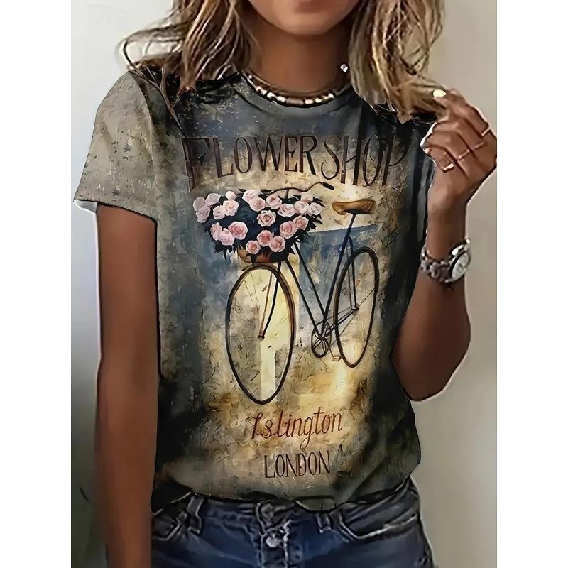 Sommarmode Dam T-shirt Vackra Blommor Stilfullt Tryckt Casual Kortärmad Rundhals T-shirts Rundhals Vanliga Toppar