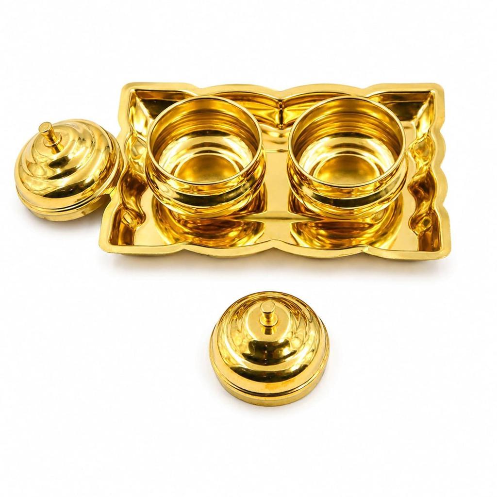 Spillbox Brass Leaf-Shape Puja Thali with 2 Attached Bowls|Sindhoor|Traditional Kumkum, Chandan, and Vibhuti Holder for Home Mandir