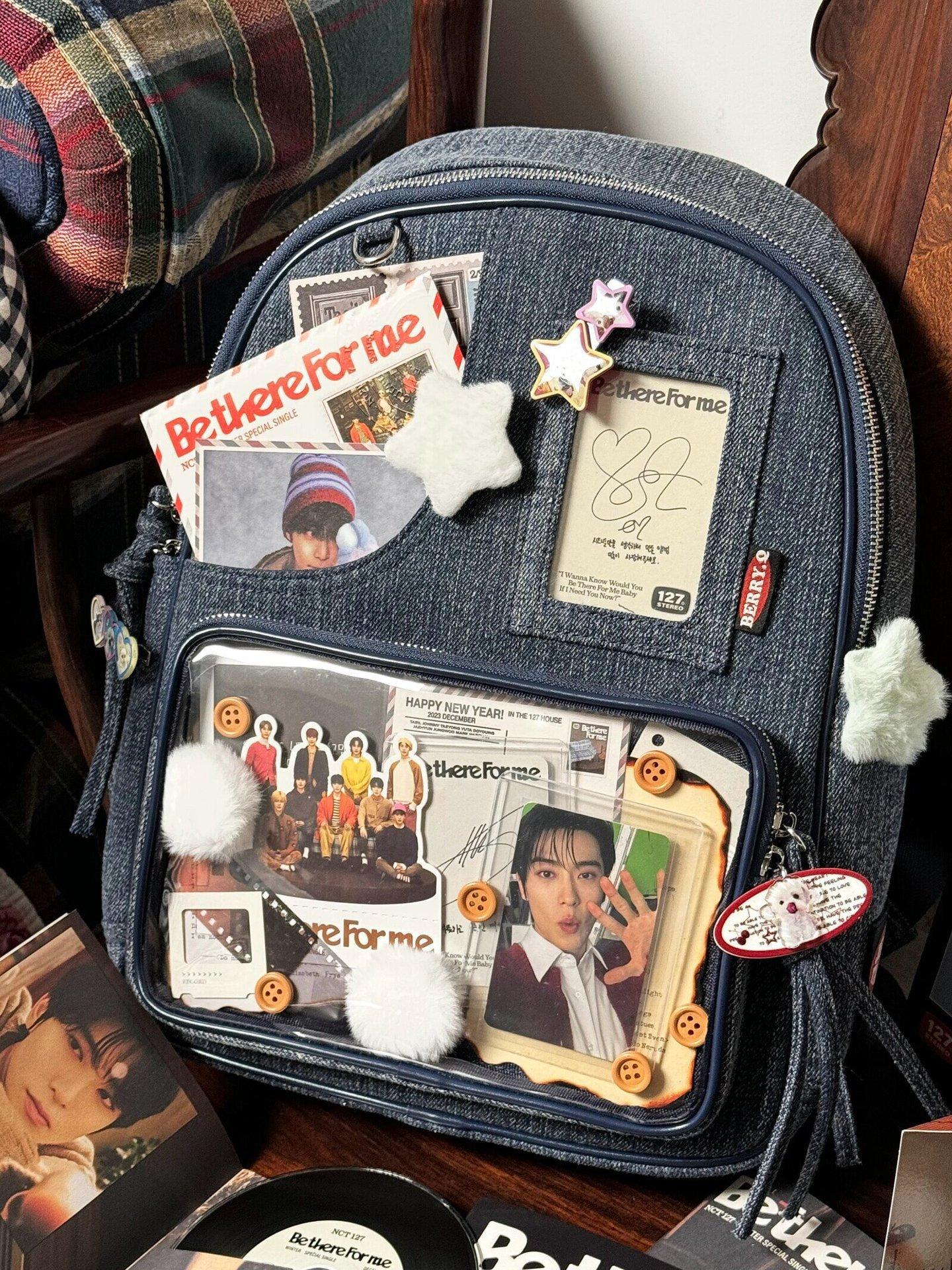 

Japanese large-capacity denim backpack college style student versatile commuter schoolbag casual trend transparent backpack