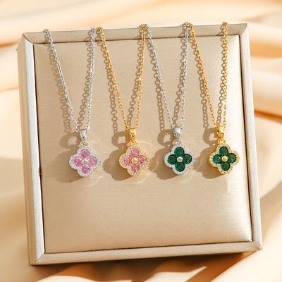 Fashion Zirconia Lucky Four-Leaf Clover Necklace Women Light Luxury Titanium Steel Ladies Hundred Necklace