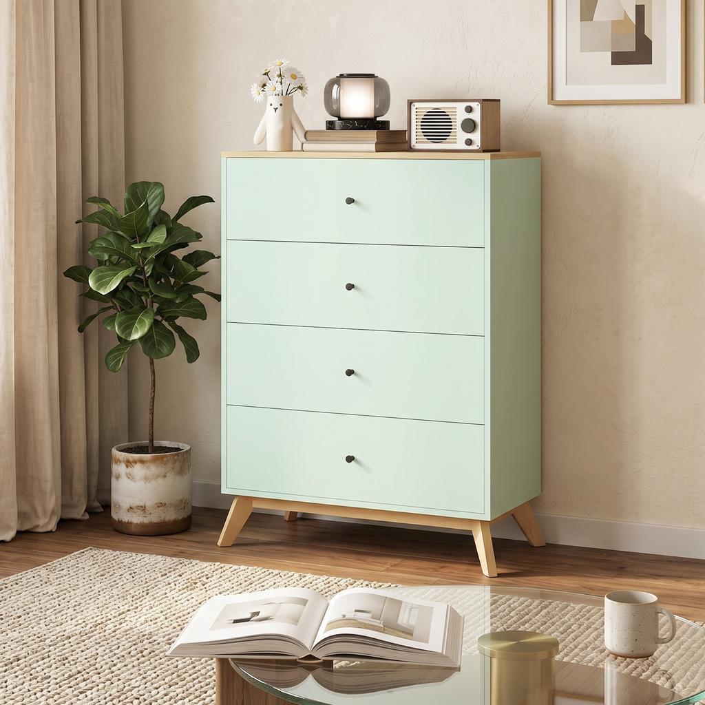 4 Drawer Storage Cabinet, Chest of Drawers for Bedroom Living Room, Light Green and Oak