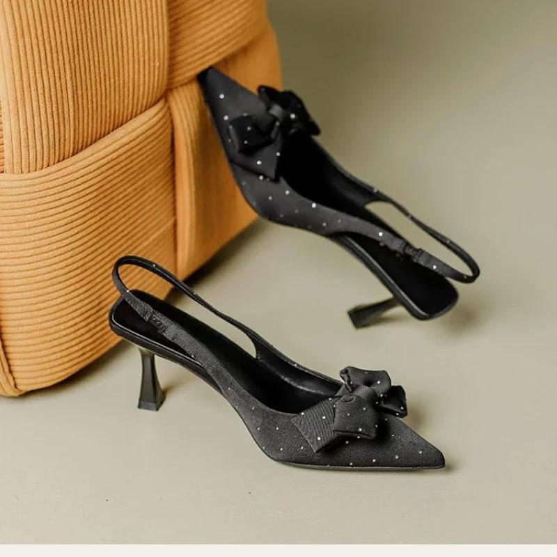 Bow Patent Leather Slingbacks Heels  New Temperament Women Stilettos Shoes Elegant Pointed Toe Loop Strap Pumps For Woman