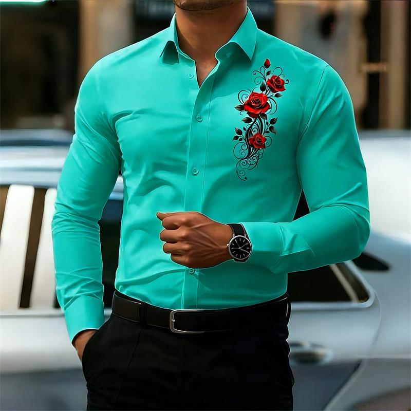 Herrskjorta med lång ärm, med ett vintage rött rosmönster. En Snygg Business Casual Skjorta och Trendig