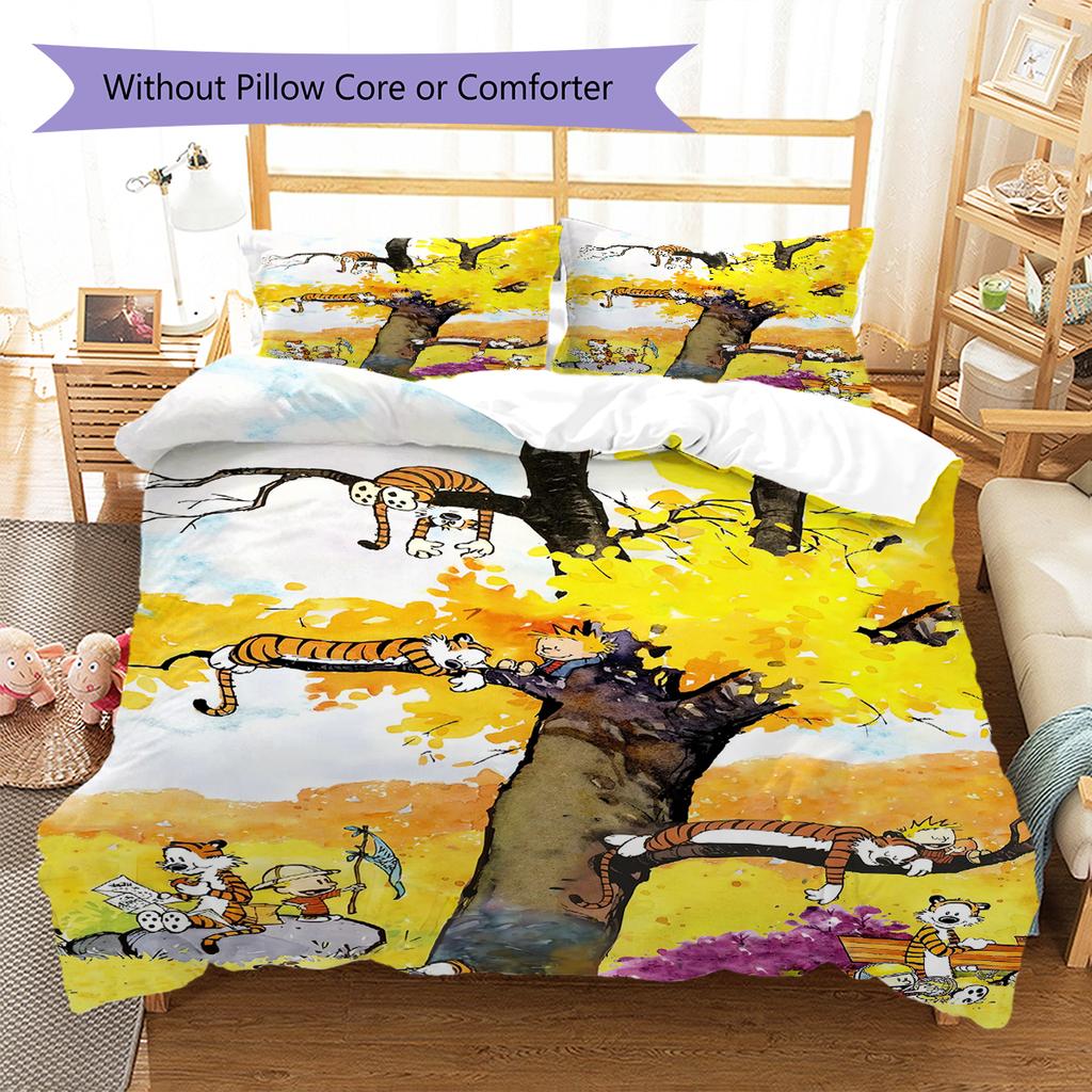 Calvin and Hobbes Pattern Bedding Quilt Set Quilt Cover Pillowcase Home Decoration Gift (1 * Duvet Cover + 2 * Pillowcase, Without Core)