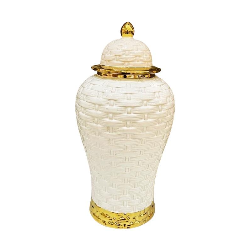 Ceramic Pot Ginger Jar Weave Pattern Ceramic Checkmate Jar Storage Tank Golden Flower Vase Home Decoration Accessories