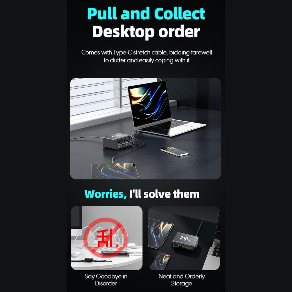 210W 6 Port Desktop Charger with 2 Retractable Type C Cables Multi Port Fast Charging GaN Technology Smart Power