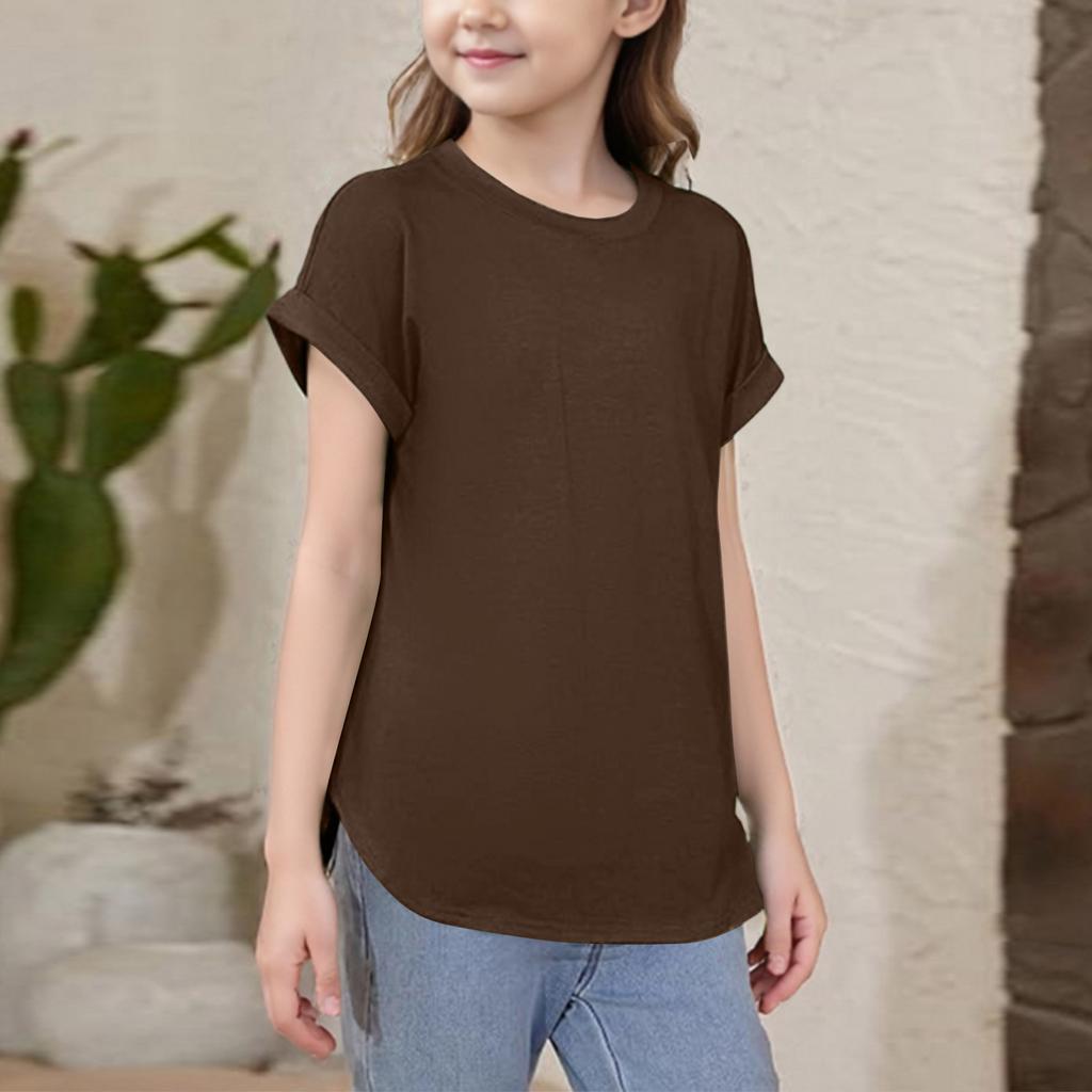 Girls Short Sleeve T Shirts Kids Crewneck Curve Summer Tees Hem Tops Sleeve T Shirts
