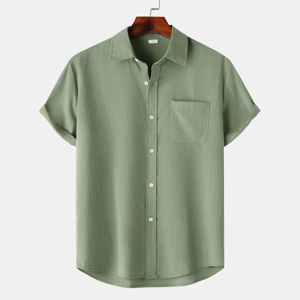 Summer Lapel Solid Color Short Sleeve Button Men's Linen Shirt Men's Clothing