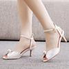 Summer Shoes For Women Sandals Silk 6.5CM Low Thin Heels Pearl Buckle Strap Hollow Peep Toe Women's Shoes White Dress Sandals