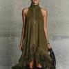 Women's Olive Green Sleeveless Halter Neck Dress with Tiered Fringe Hem