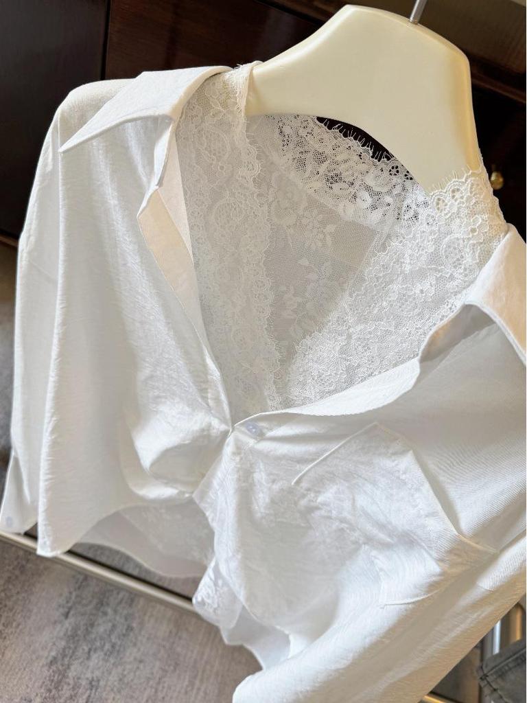 French-Style Two-Piece Set: Turn-Down Collar Long Sleeve Shirt + Lace Vest for Women.