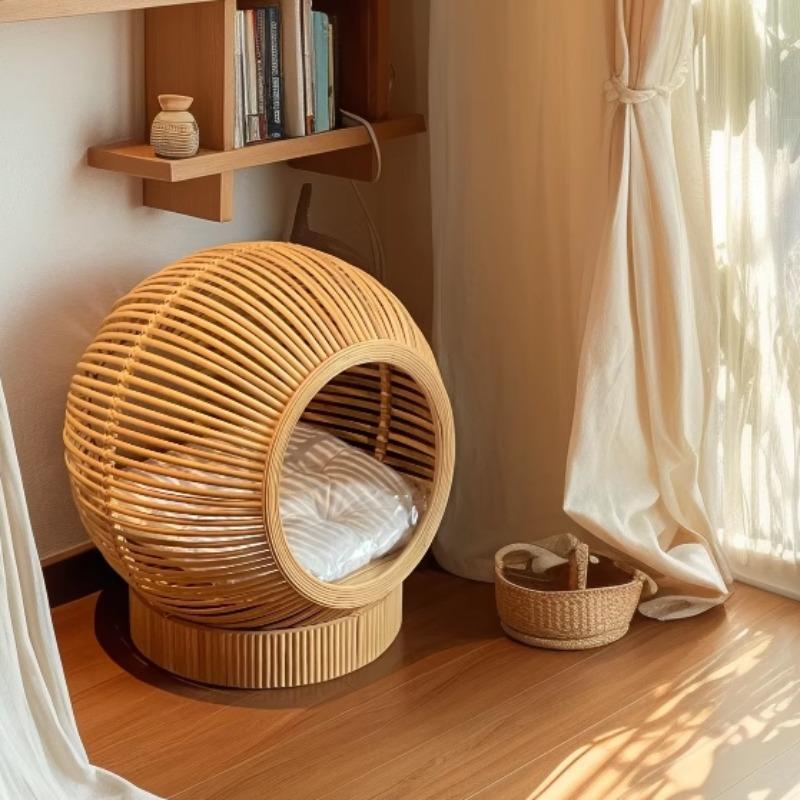 Bamboo Pet Bed for All Seasons Breathable Cooling Small Dog Cat Nest Rattan Cat House Wood Style Pet Furniture for Living Room