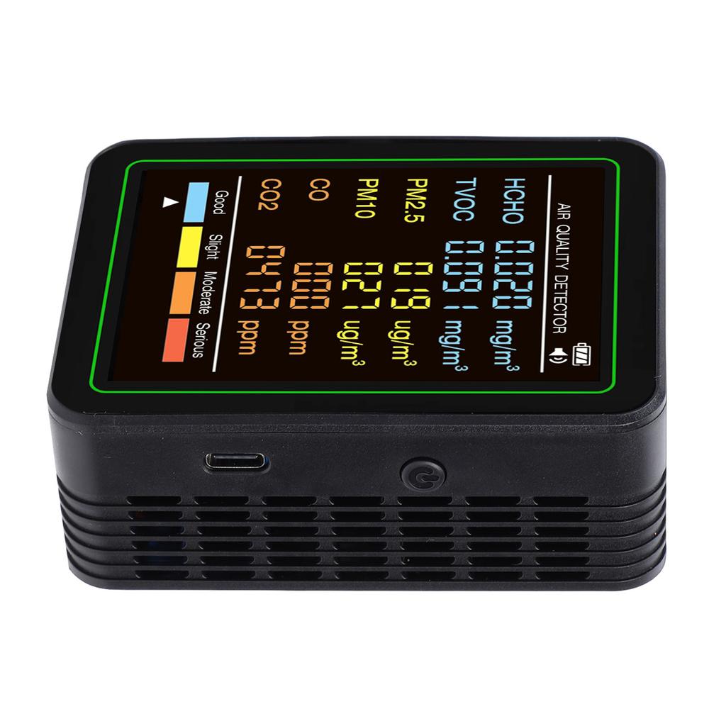 6 in 1 Air Quality Monitor with CO CO2 TVOC HCHO PM2.5 PM10 Detection Infrared Sensor LCD Color Screen Portable Home