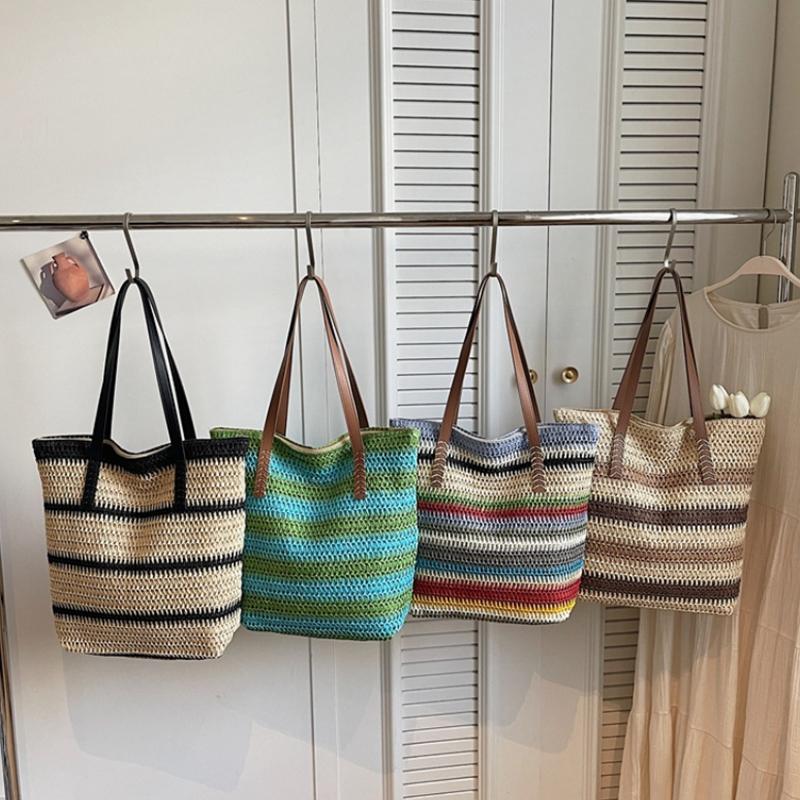 Rainbow Striped Color-blocked Handmade Straw Shoulder Bag Lightweight Breathable Beach Bag Casual Retro Style Large Capacity New