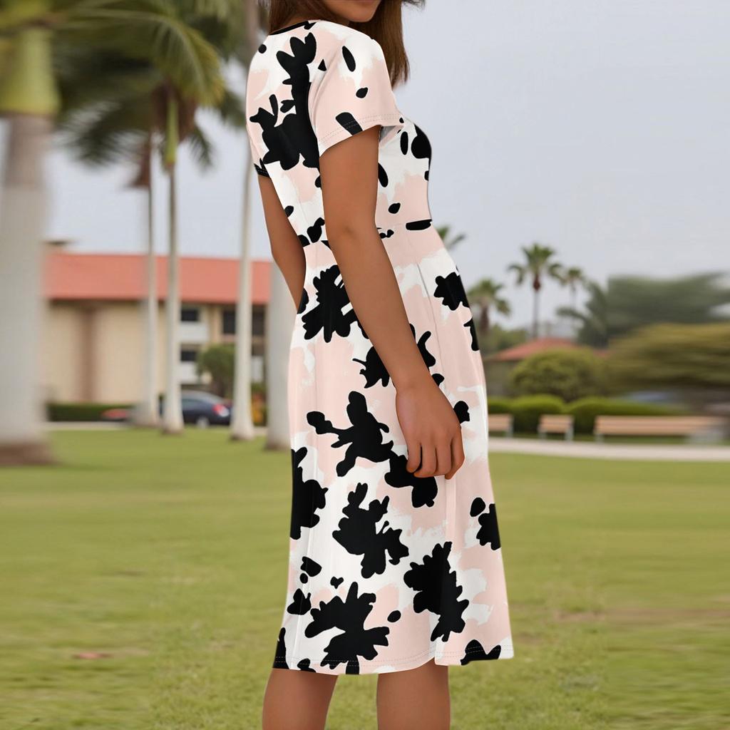 Ladies Summer Fashion Casual Floral Print V-Neck Short Sleeve Pocket Dress