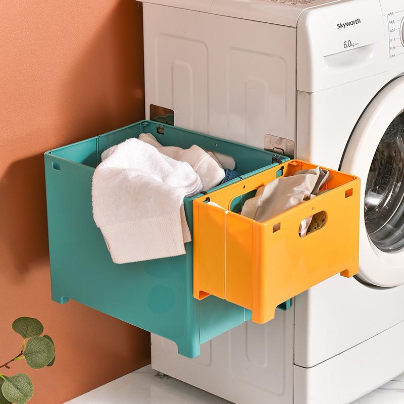 Foldable Wall-Mounted Plastic Dirty Clothes Laundry Storage Basket Punch-Free Home Bathroom Sundries Organizer with 2 Hooks