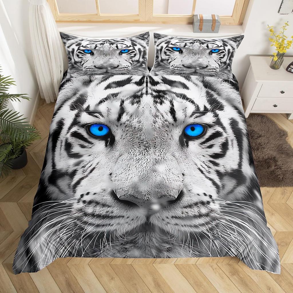 White Tiger Duvet Cover Set Queen Size Wildlife Comforter Covers Animal Print Bedding Set For Boys Girls Kids Art Bedroom Decor
