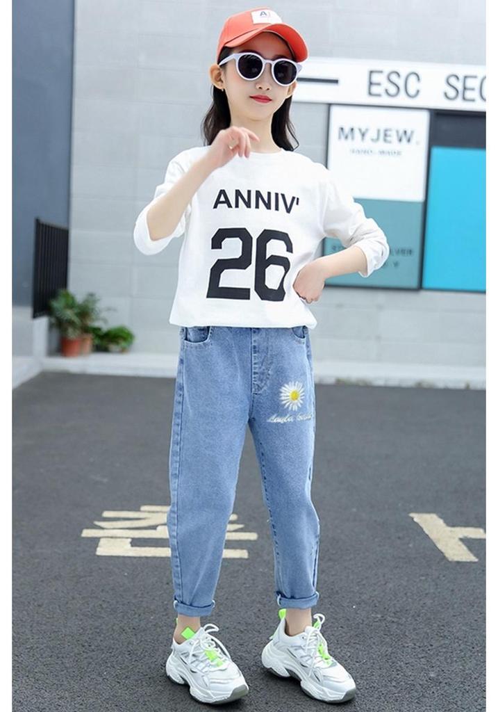 Girls' Stylish Korean Jeans - Spring & Autumn, Medium/Large, Casual Long Pants