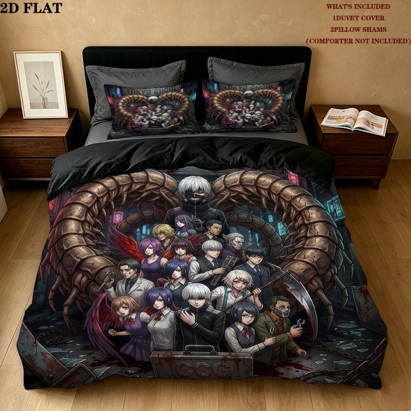 Tokyo Ghoul Vzor Povlečení Sada Prošívaných Dek Quilt Cover Povlak na Polštář Domácí Narozeninový Dárek(1 * povlak na peřinu + 2 * povlak na polštář, bez jádra)