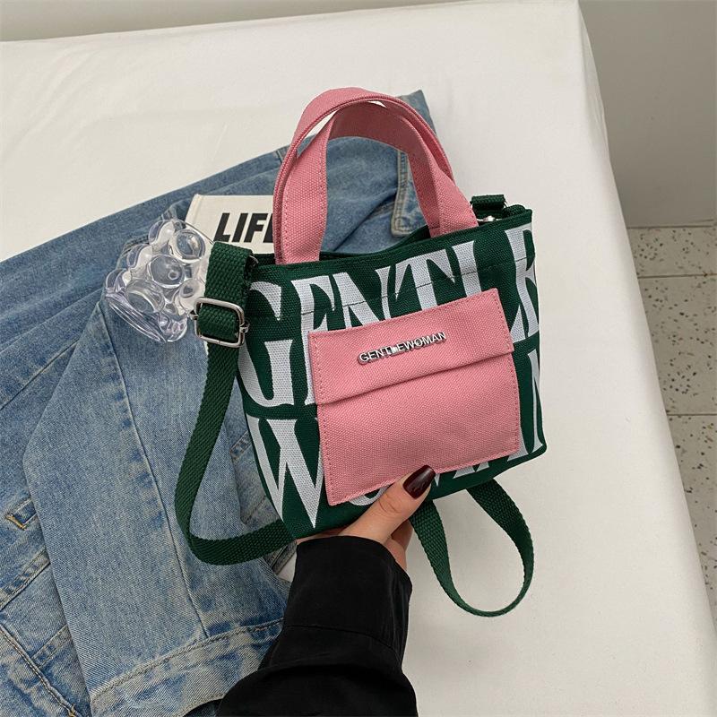 Small Mini Letter Printed Handheld Canvas Bag Contrasting Color Casual Shoulder Bag