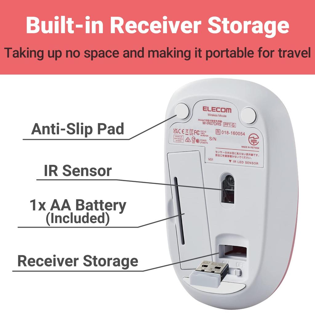 ELECOM Portable Mobile Mouse for Handed IR 1200 DPI Years Long Battery Silent Click 2.4G Wireless, Smiley-Face Right/Left Use, LED, 2.5 Life,