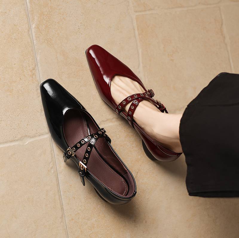 Krazing Pot Genuine Leather Square Toe Low Heels Summer Shoes Big Size 42 Buckle Straps Women Shallow Pumps