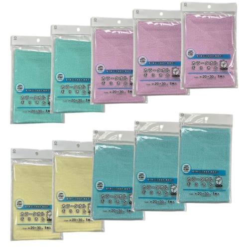 KOKUBO Color Towel Cloths (with Hanging Cords) 20 X 30 Cm, 2 Each of Yellow and Green, 3 Each of Pink and Blue (Set of 10), 100% Cotton, Cleaning, Hom