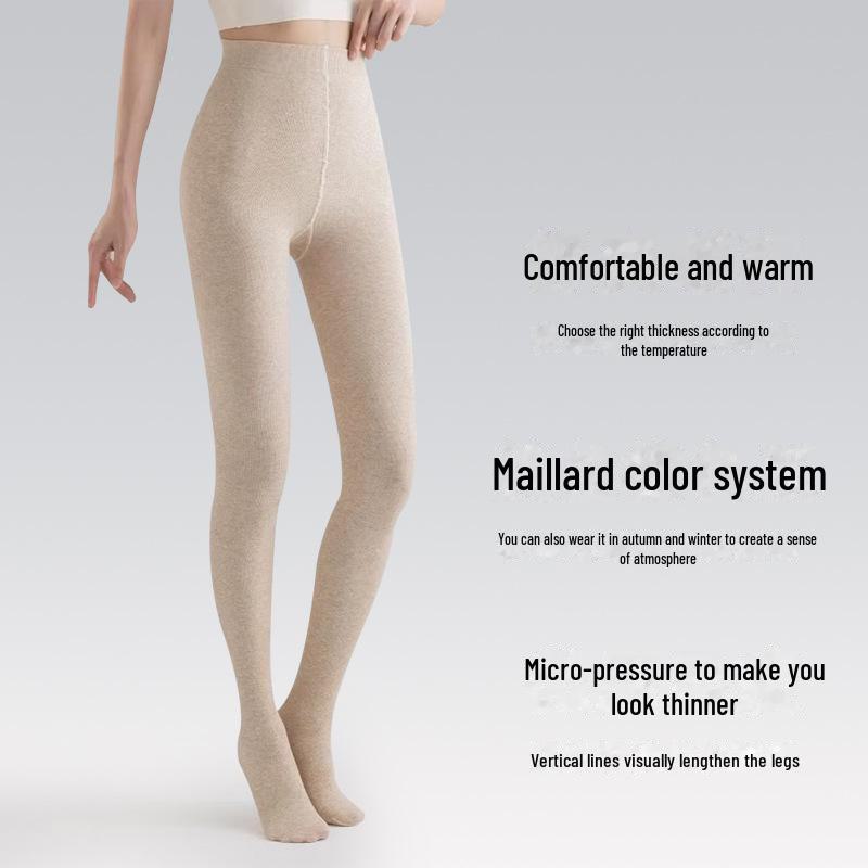 "Oatmeal Striped Velvet-Lined Leggings for Women - Warm, Slimming Cotton Pantyhose for Autumn & Winter"