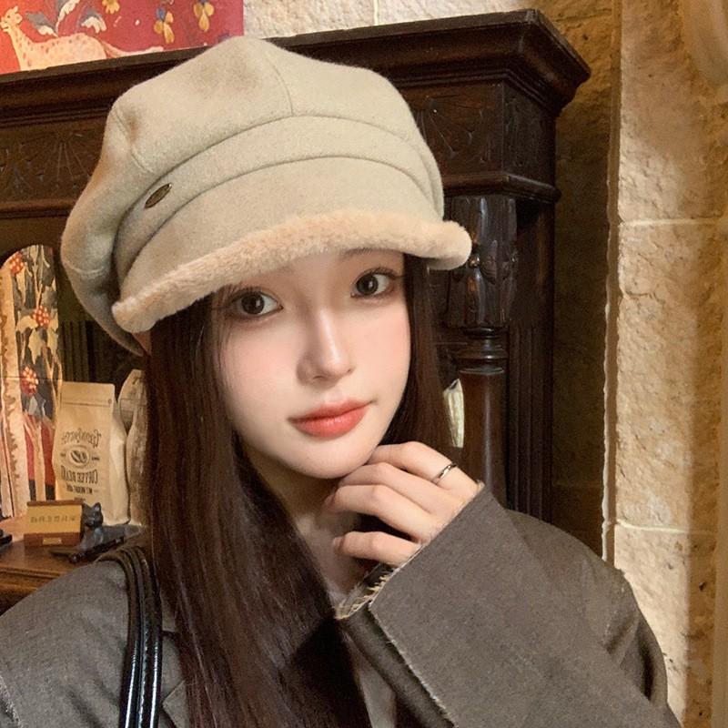 Winter Women's Fleece Lined Beret Hat Thickened Knitted Octagonal Cap with Brim