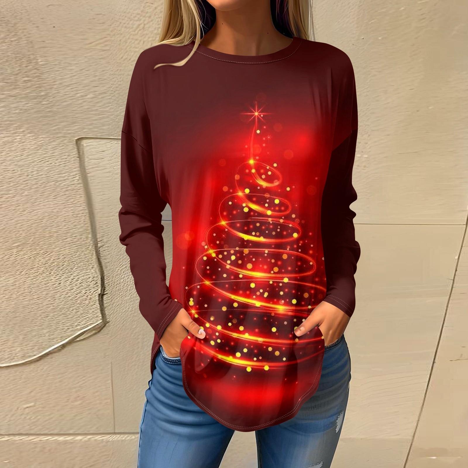 

Футболки для женщин, осенние повседневные рубашки с длинным рукавом, толстовки с винтажным графическим принтом, топы, пуловеры, рождественские S киноварь