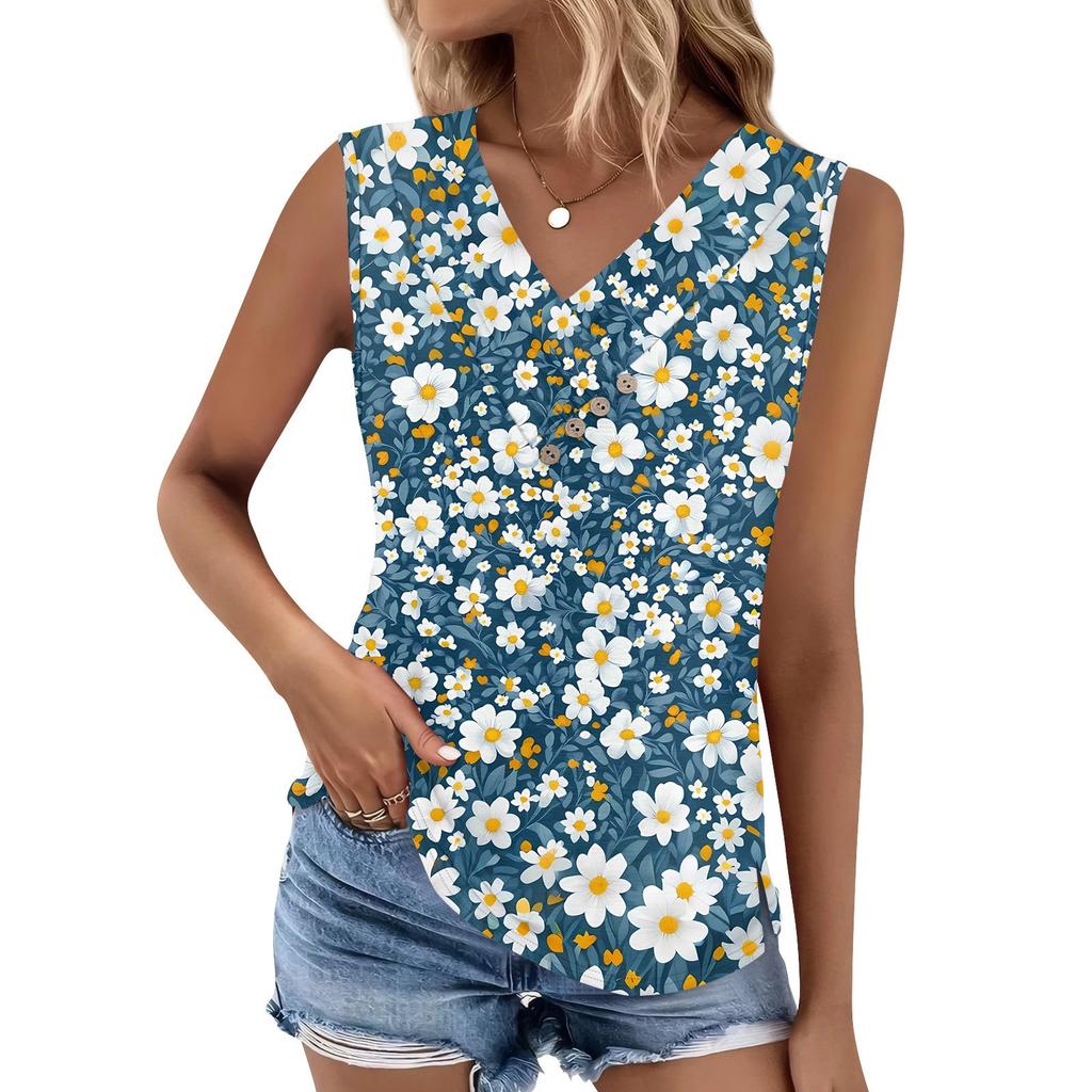 Women's Print Tank Top Button-down V-neck T-shirt Sleeveless Loose Fashion Top