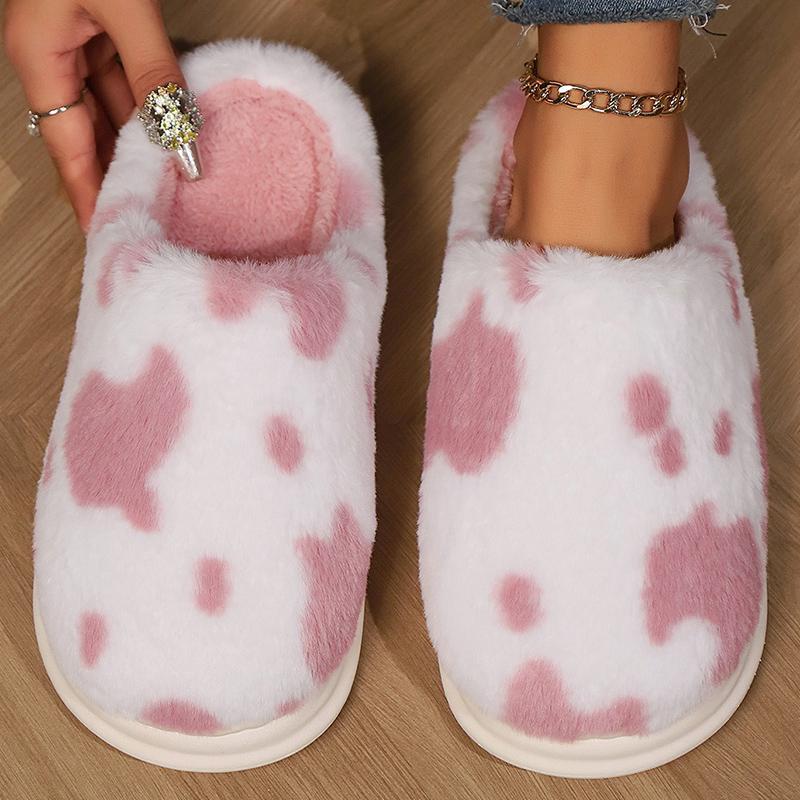 Fashion Mix Color Spotted Cotton Slippers Women Comfort Faux Fur Plush Slippers for Woman Indoor Round Toe Non Slip Fur Slides Ladies