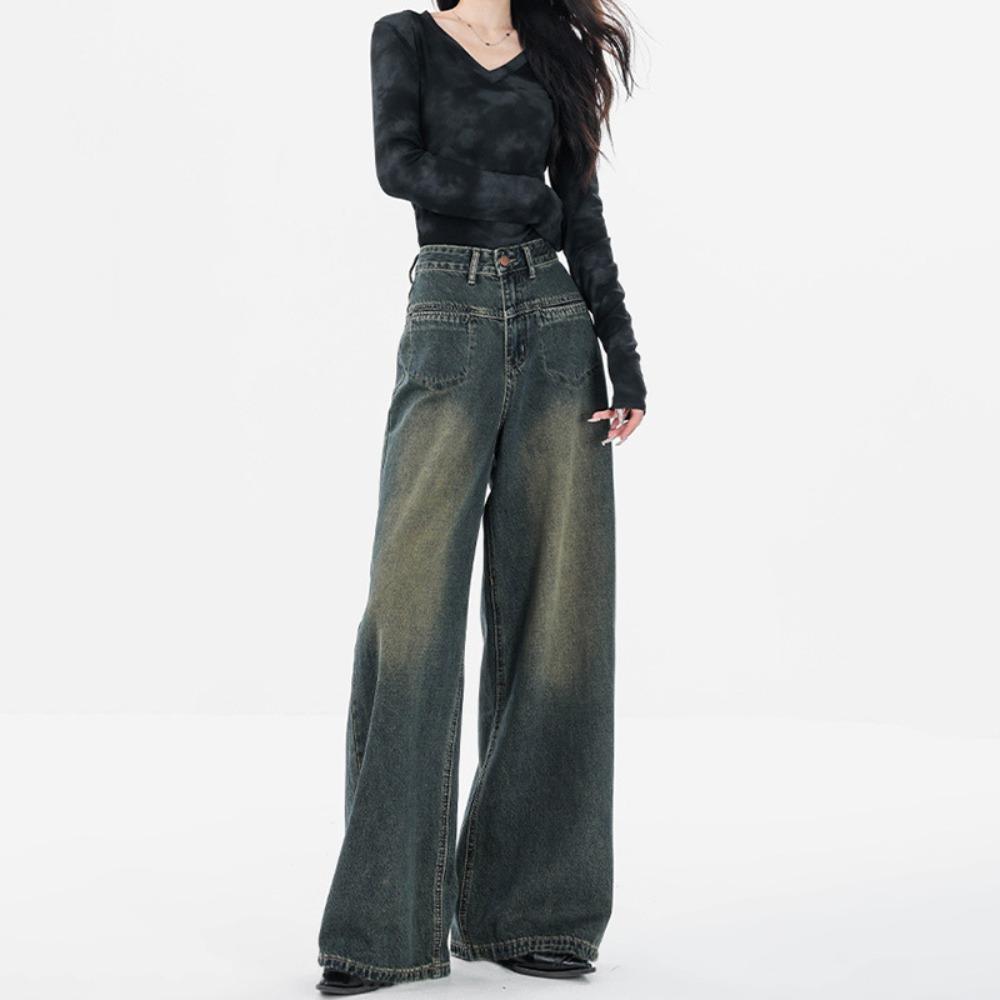Spring and Autumn New Hong Kong Style Design Sense High Waist Wide Leg Jeans Women's Loose Straight High Mopping Jeans