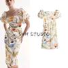 Spring and Summer New Women's Clothing French Mid Length Long Length Square Collar Puff Sleeve Print Silm Dress 1272220