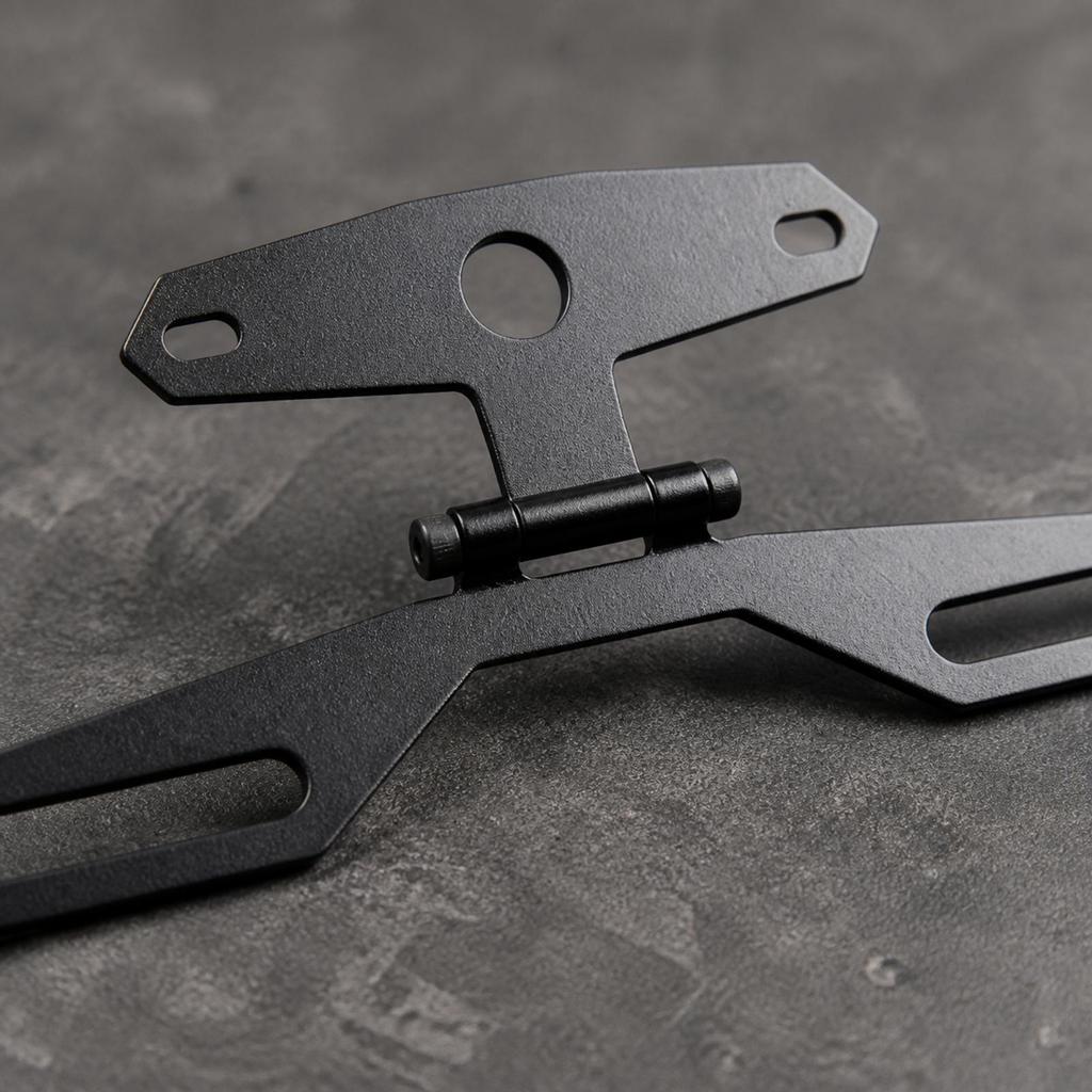 Black Iron Tag Plate Holder with Slotted Mounting Arms Foldable Folding Motorcycle Bracket
