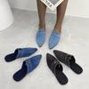 Fashion 2025 Super New Pointed Toe Denim Flat Bottom Half Slippers Women Fashion Outer Wear Shoes Large Size 43 Flip Flops Chanclas