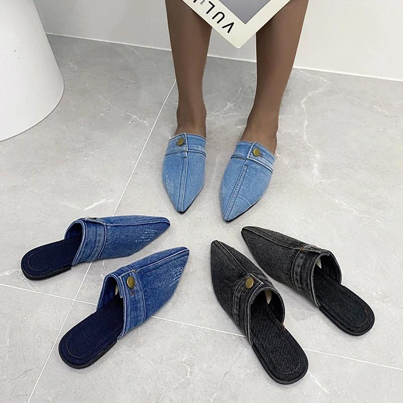 Fashion 2025 Super New Pointed Toe Denim Flat Bottom Half Slippers Women Fashion Outer Wear Shoes Large Size 43 Flip Flops Chanclas