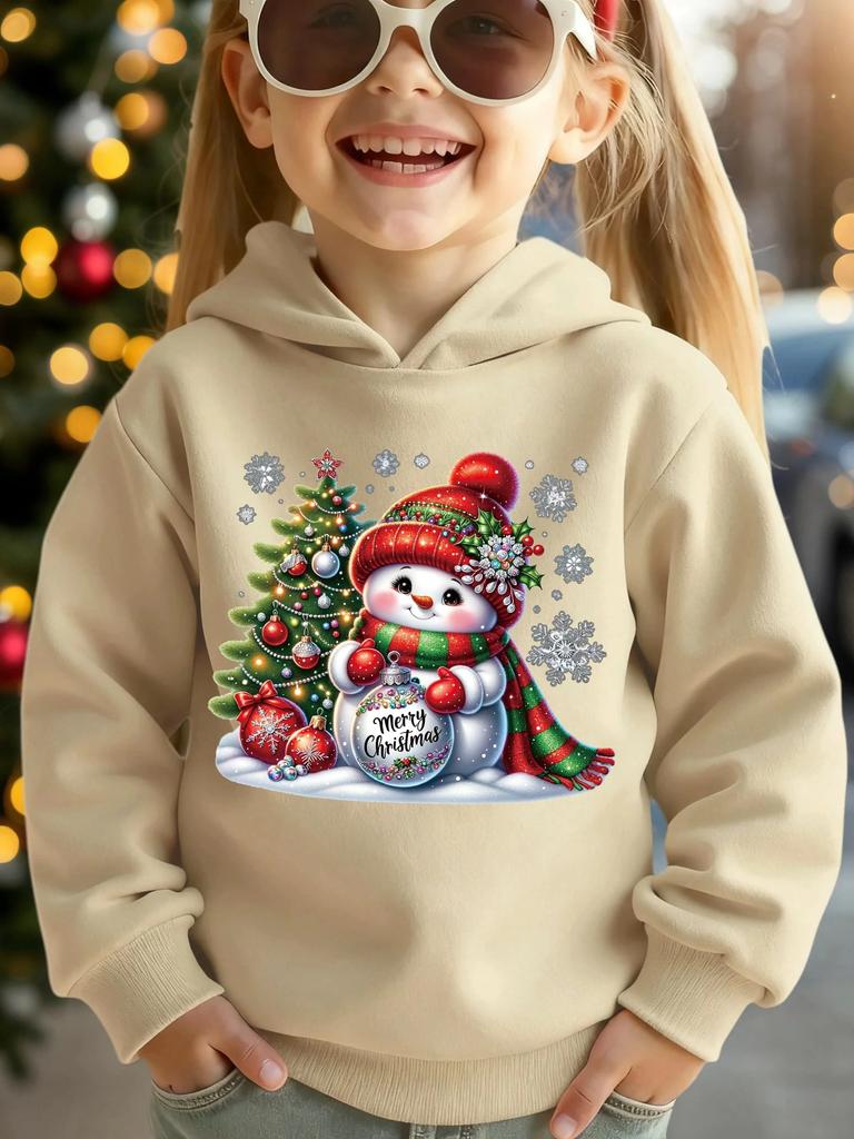 Children Christmas Hoodie Autumn Winter Holiday Sweatshirt Cartoon Snowman & Xmas Tree Print Casual Party Pullover Tops