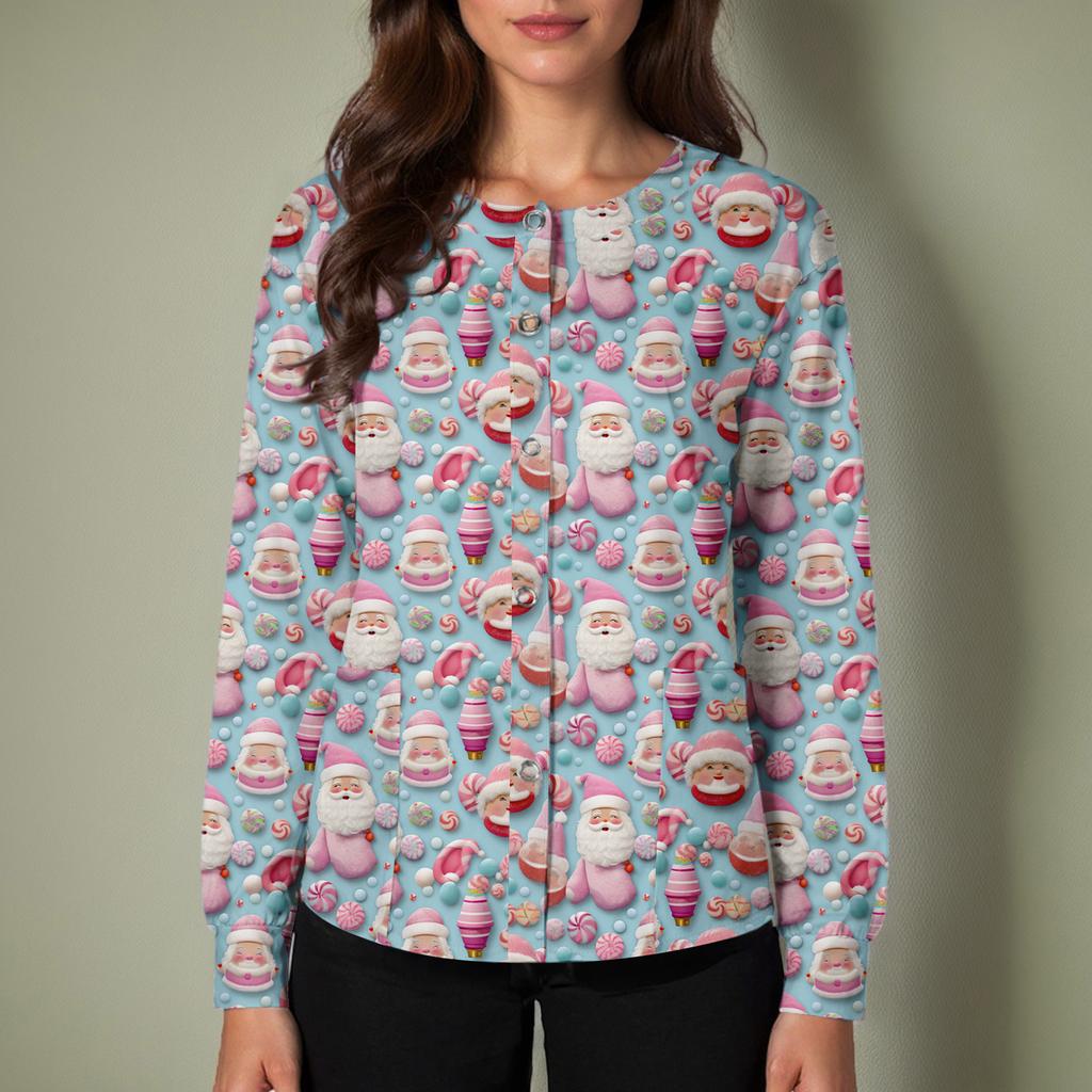 Women's Casual Long-sleeved Single-breasted Christmas Printed Protective Clothing Cardigan Top