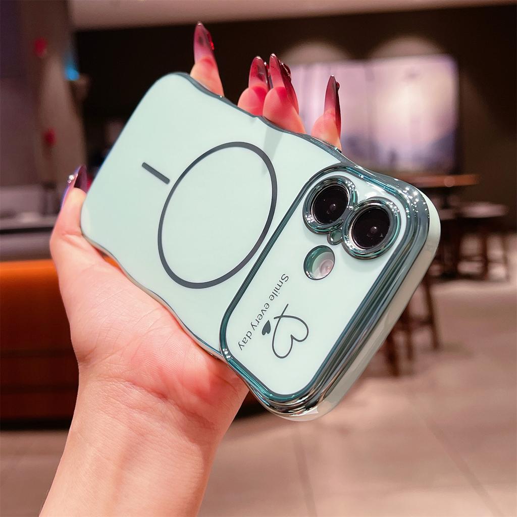 For iPhone 16 Magnetic Case Electroplating Wave Edge TPU Phone Cover Heart Pattern